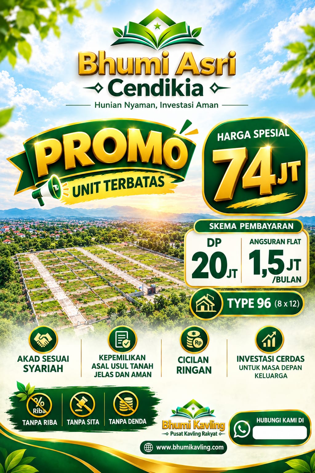 Poster Bhumi Asri Cendikia dengan lanskap asri dan contoh harga promosi
