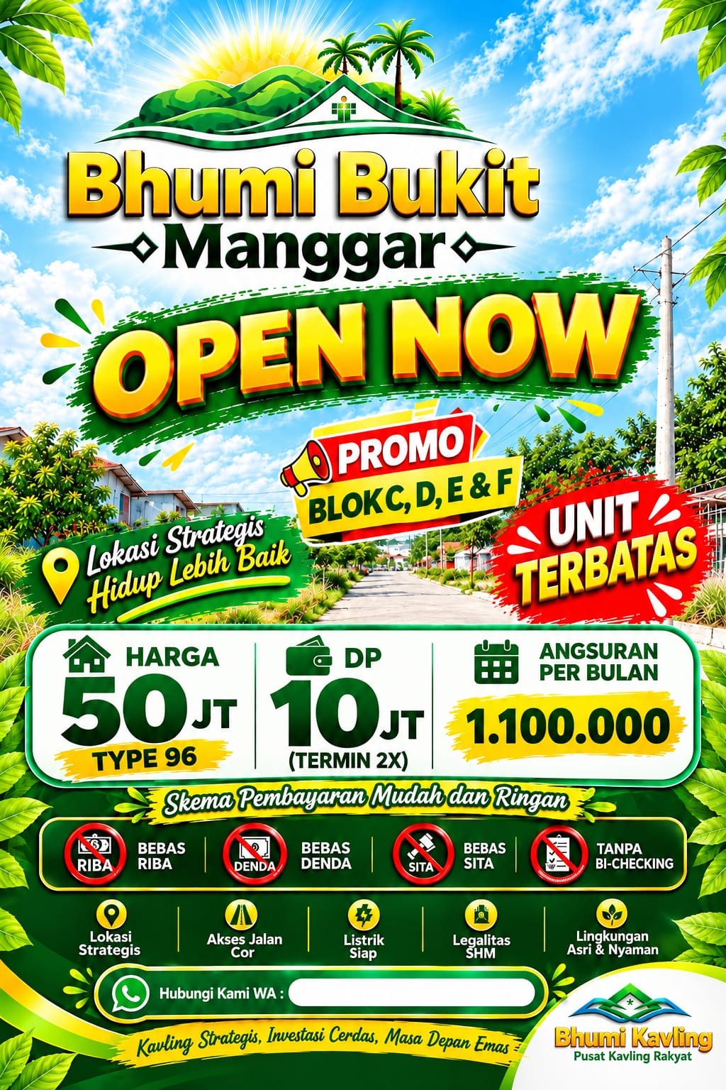 Poster Bhumi Bukit Manggar dengan ilustrasi ruang hijau dan contoh Premium