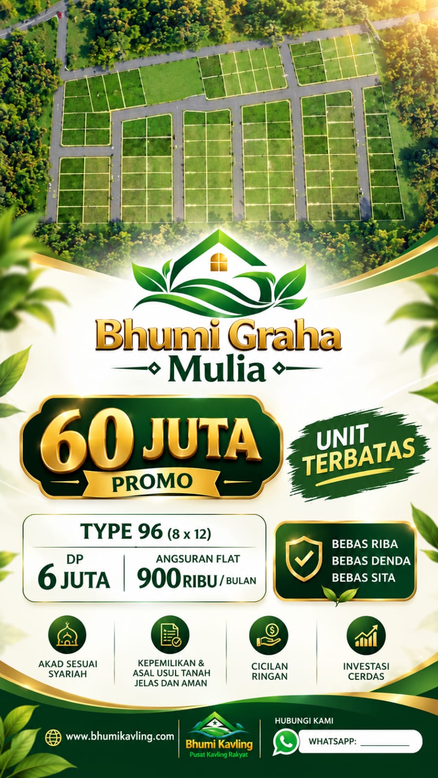 Poster Bhumi Graha Mulia dengan promosi kavling dan area Blok A62 sampai A71
